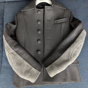 PRADA runway jacket with black wool body, grey denim arm, made in Italy IT46